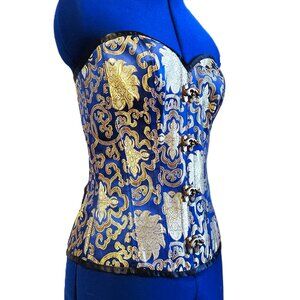 Blue and gold brocade longline overbust corset size 8